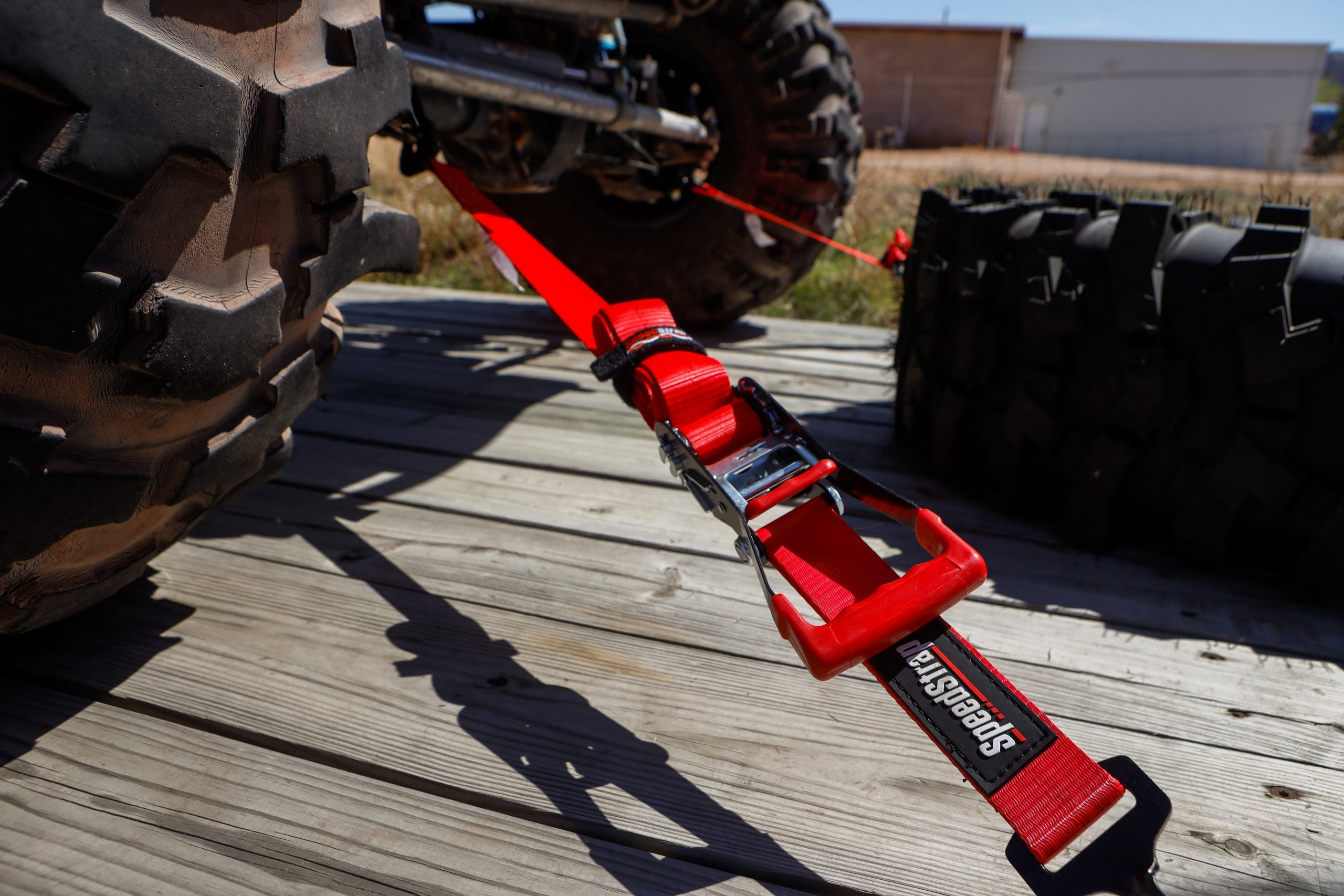 2" x 10' Ratchet Tie Down w/ Twisted Snap Hooks & Axle Strap Combo (Red) Speedstrap display