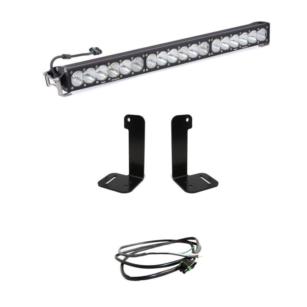 '20-22 Jeep JT Gladiator Bumper 30" ONX6+ LED Light Kit Lighting Baja Designs Display of Included Parts 