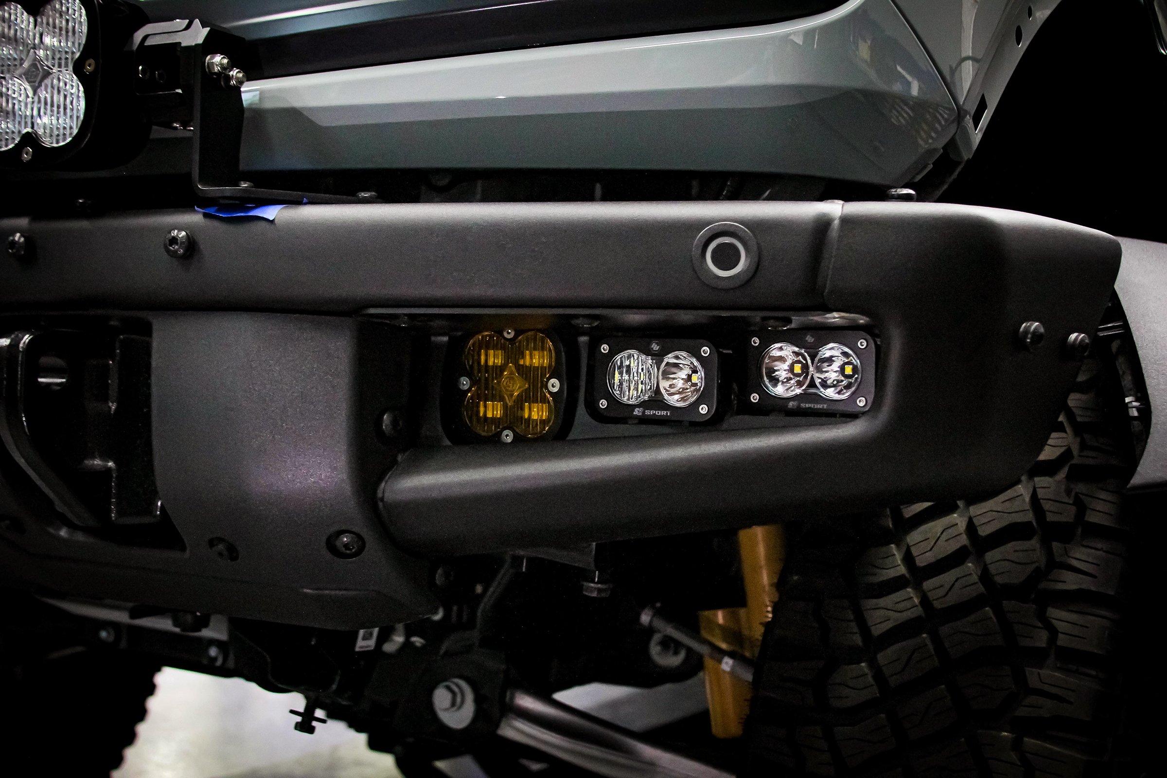 '21-23 Ford Bronco Squadron Pro Fog Light Pocket Kit Lighting Baja Designs Close-up display on Vehicle 