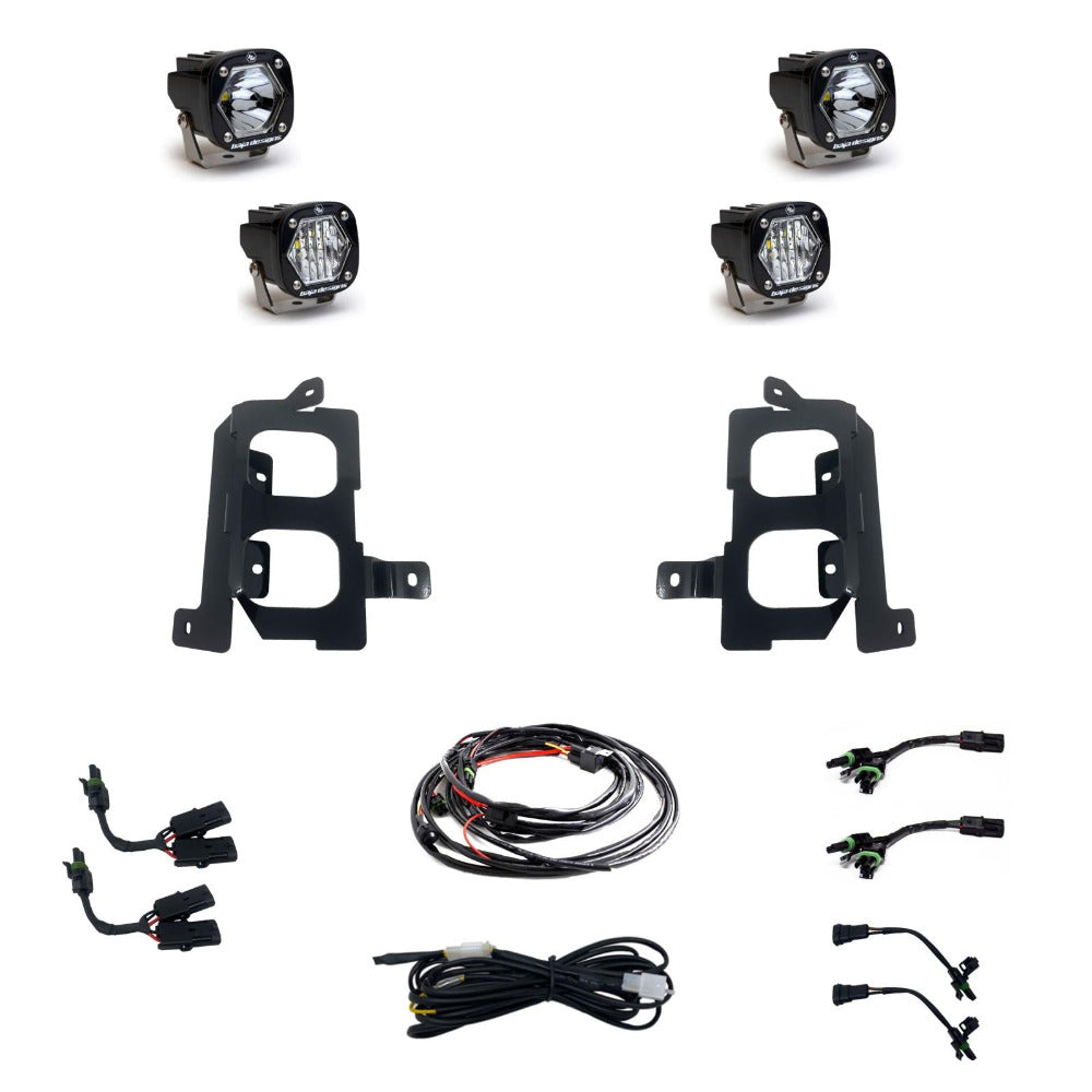 '20-22 Chevy/GMC 2500/3500 Baja Designs Dual S1 Fog Light Pocket Kit Display of Included Parts