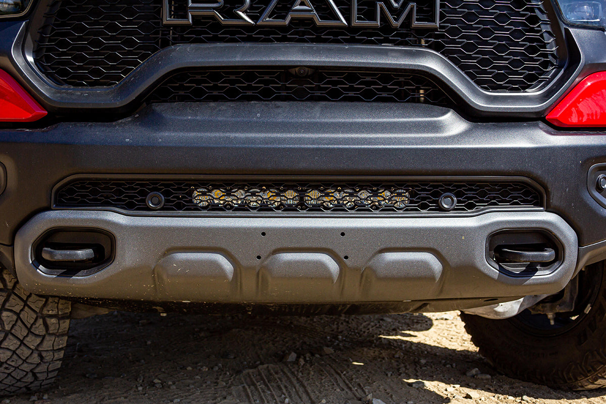 '21-22 Ram 1500 TRX Baja Designs OnX6+ 20" Light Bar Bumper Kit Display on Vehicle (front view)