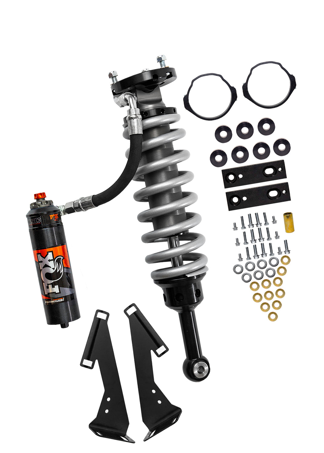 '05-23 Toyota Tacoma Fox Performance Elite Series RR 2.5 Front Coilovers (2-3" Lift) Display of Included Parts 