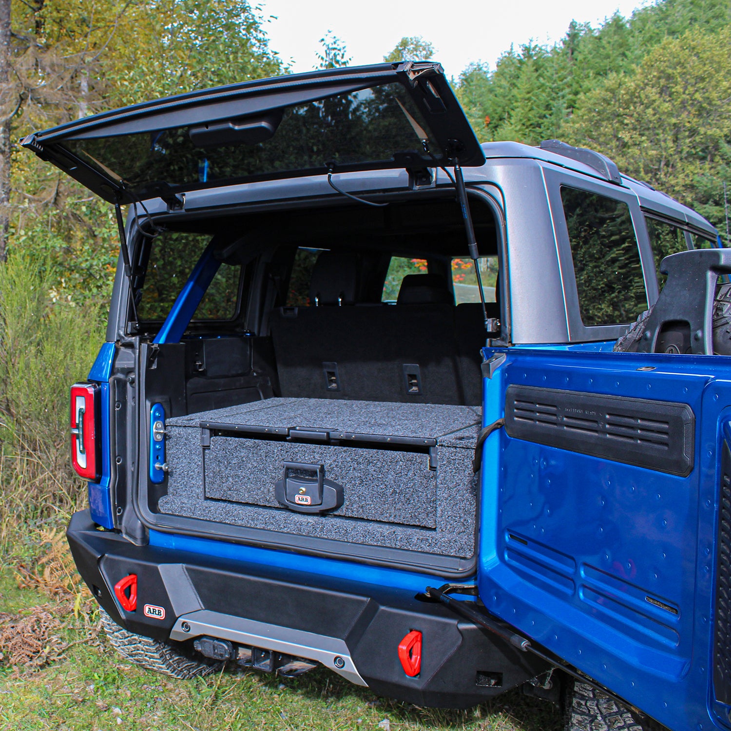 '21-23 Ford Bronco 4-Door ARB Outback Drawer Kit display in Vehicle (Rear Angled View)