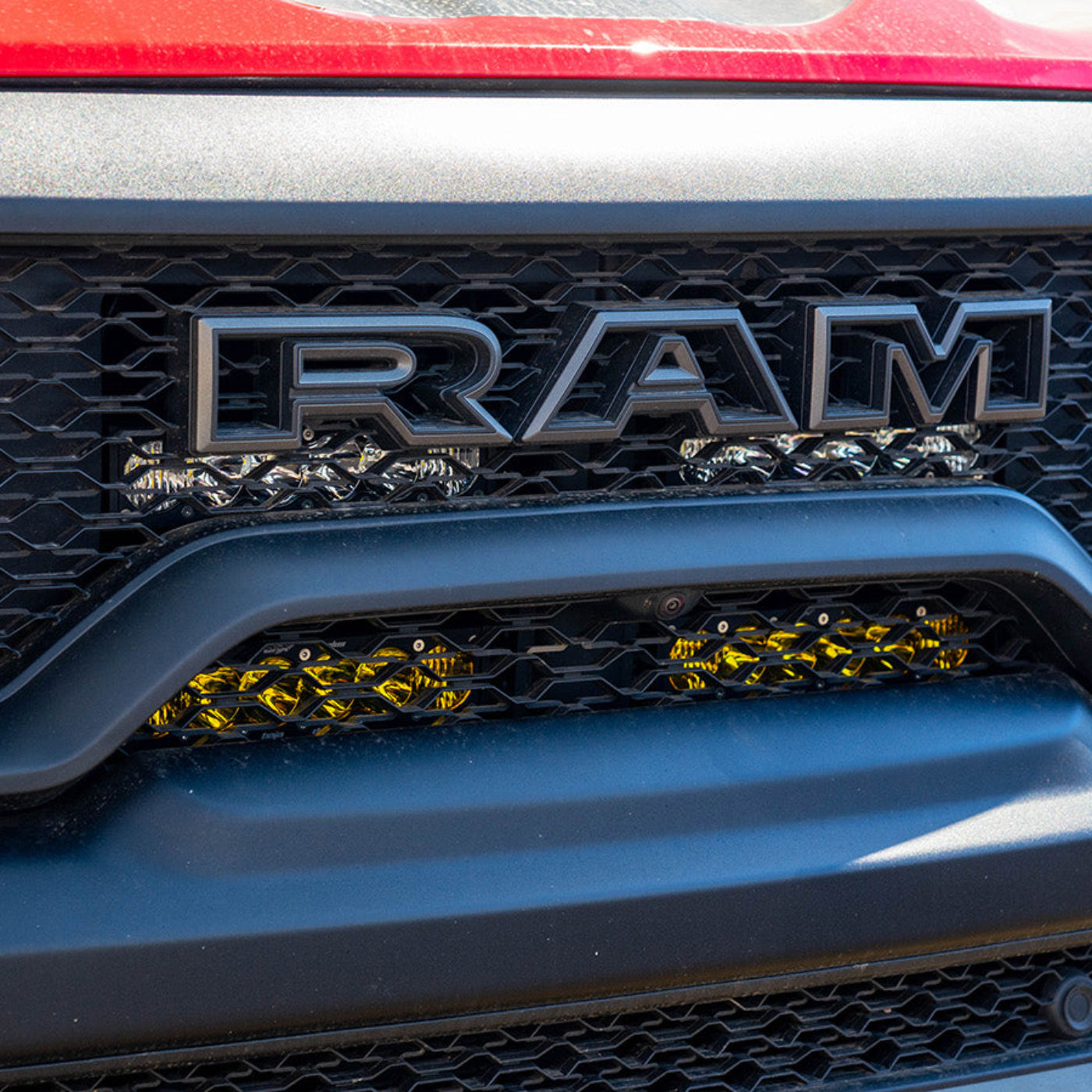 2025 Ram 1500 RHO SDHQ Built Behind the Grille LED Light Bar Mount installed 