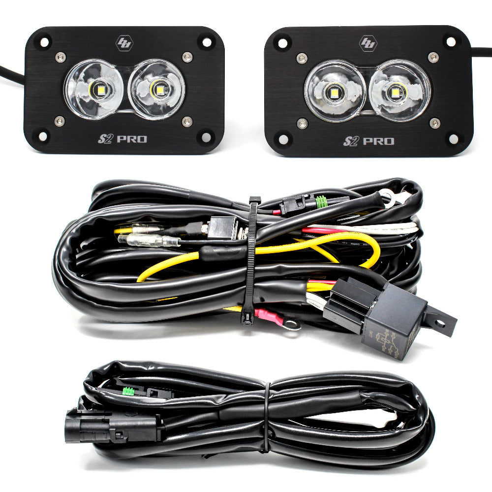 S2 Pro Flush Mount Backup LED Light Kit Lighting Baja Designs Work/Scene Display of Included Parts 