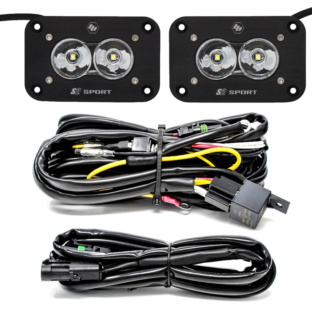 S2 Sport Flush Mount Backup LED Light Kit Lighting Baja Designs Work/Scene Display of Included parts 